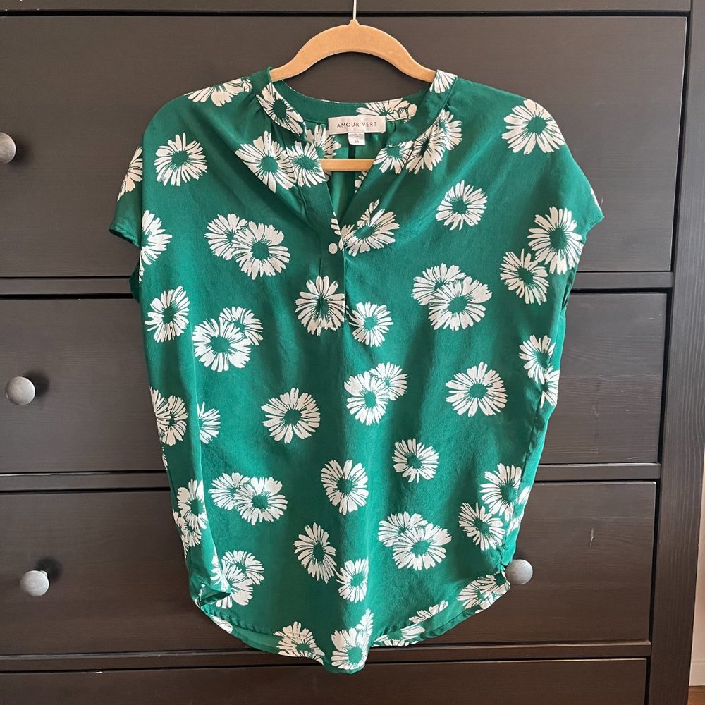 Amour Vert Renata Silk Blouse XS Green Floral